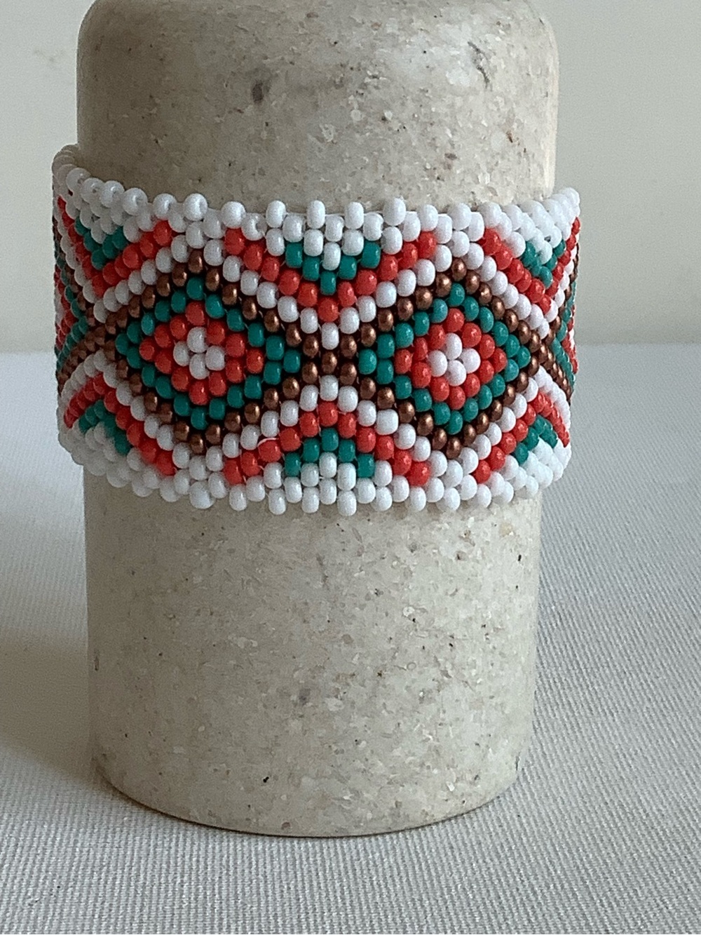 Handmade White, Coral & Teal Seed Bead Bracelet